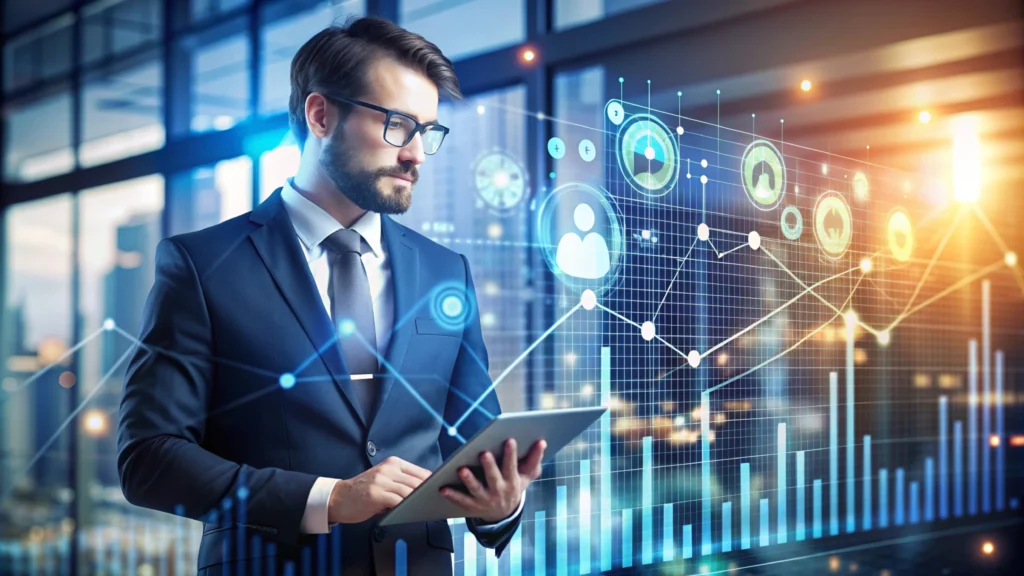 Businessman analyzing data on tablet with charts.